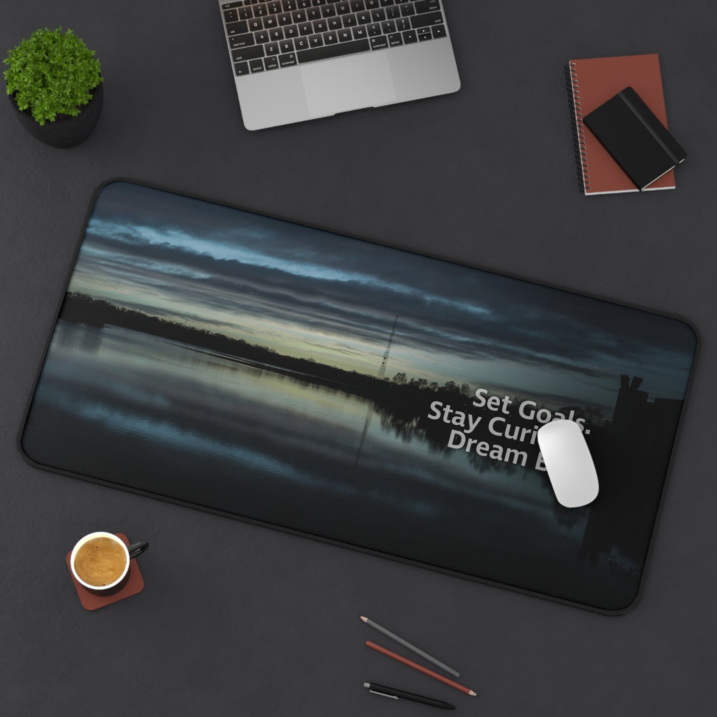 Blue Set Goals, Stay Curious, Dream Big Desk Mouse Mat