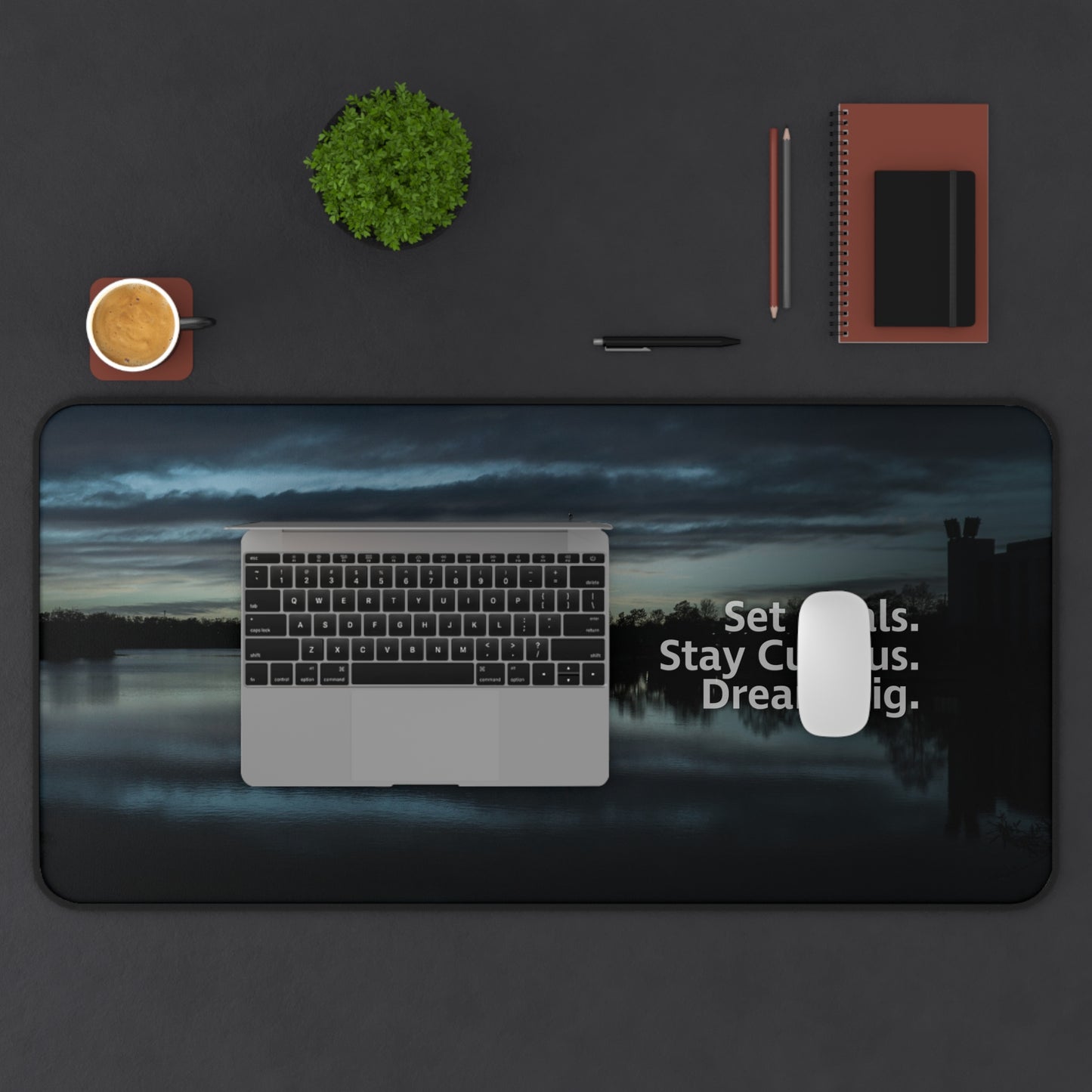 Blue Set Goals, Stay Curious, Dream Big Desk Mouse Mat