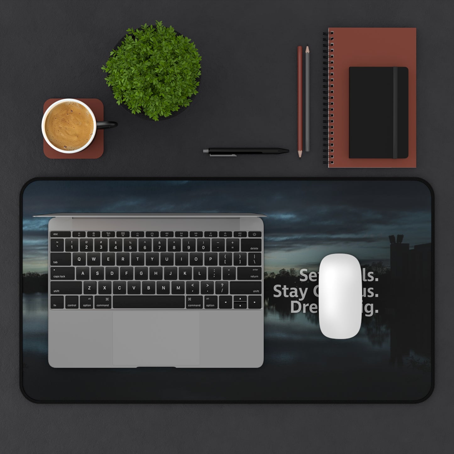 Blue Set Goals, Stay Curious, Dream Big Desk Mouse Mat
